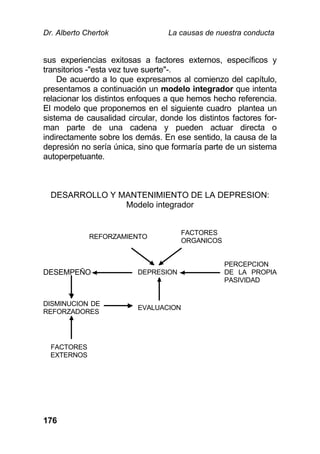 Dr. Alberto Chertok La causas de nuestra conducta
176
sus experiencias exitosas a factores externos, específicos y
transitorios -"esta vez tuve suerte"-.
De acuerdo a lo que expresamos al comienzo del capítulo,
presentamos a continuación un modelo integrador que intenta
relacionar los distintos enfoques a que hemos hecho referencia.
El modelo que proponemos en el siguiente cuadro plantea un
sistema de causalidad circular, donde los distintos factores for-
man parte de una cadena y pueden actuar directa o
indirectamente sobre los demás. En ese sentido, la causa de la
depresión no sería única, sino que formaría parte de un sistema
autoperpetuante.
DESARROLLO Y MANTENIMIENTO DE LA DEPRESION:
Modelo integrador
REFORZAMIENTO
FACTORES
ORGANICOS
DESEMPEÑO DEPRESION
PERCEPCION
DE LA PROPIA
PASIVIDAD
DISMINUCION DE
REFORZADORES
EVALUACION
FACTORES
EXTERNOS
 