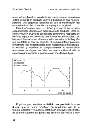 Dr. Alberto Chertok La causas de nuestra conducta
32
a sus valores basales. Introduciendo nuevamente el tratamiento
-último sector B- la conducta vuelve a disminuir, lo cual nos pro-
porciona una seguridad adicional de que la modificación del
comportamiento fue producida por el programa empleado.
Este diseño se conoce como ABAB y es uno de los modelos
experimentales utilizados en modificación de conducta. Otros di-
seños incluyen grupos de control para comparar la respuesta de
distintos sujetos en diferentes condiciones experimentales. Los
lectores interesados en el tema pueden consultar la bibliografía
que se detalla al final del capítulo. El ejemplo anterior pretende
brindar una idea general acerca de la metodología empleada pa-
ra explicar y modificar el comportamiento. A continuación
resumimos las etapas que deben cubrirse al utilizar el método
científico para modificar la conducta con fines terapéuticos.
El primer paso consiste en definir con precisión la con-
ducta que se desea modificar. En la primera fase de la
terapia, paciente y terapeuta establecen objetivos específicos
de cambio. Cuando las quejas del paciente son vagas o muy
Número de
conductas
inadecuadas
A B A B
Dias de clase
 