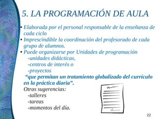5. LA PROGRAMACIÓN DE AULA
● Elaborada por el personal responsable de la enseñanza de
  cada ciclo
● Imprescindible la coordinación del profesorado de cada

  grupo de alumnos.
● Puede organizarse por Unidades de programación

    -unidades didácticas,
    -centros de interés o
    -proyectos
   “que permitan un tratamiento globalizado del currículo
  en la práctica diaria”.
  Otras sugerencias:
    -talleres
    -tareas
    -momentos del día.
                                                      22
 