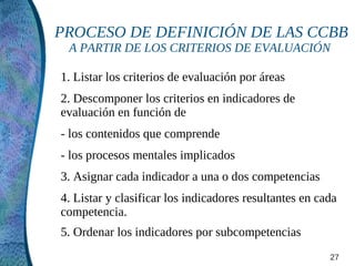 PROCESO DE DEFINICIÓN DE LAS CCBB
 A PARTIR DE LOS CRITERIOS DE EVALUACIÓN

1. Listar los criterios de evaluación por áreas
2. Descomponer los criterios en indicadores de
evaluación en función de
- los contenidos que comprende
- los procesos mentales implicados
3. Asignar cada indicador a una o dos competencias
4. Listar y clasificar los indicadores resultantes en cada
competencia.
5. Ordenar los indicadores por subcompetencias
                                                        27
 