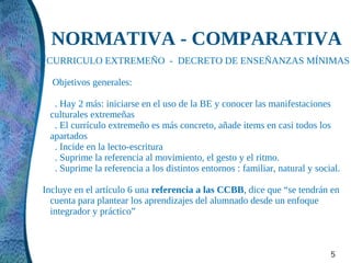 NORMATIVA - COMPARATIVA
CURRICULO EXTREMEÑO - DECRETO DE ENSEÑANZAS MÍNIMAS

  Objetivos generales:

  . Hay 2 más: iniciarse en el uso de la BE y conocer las manifestaciones
 culturales extremeñas
  . El currículo extremeño es más concreto, añade items en casi todos los
 apartados
  . Incide en la lecto-escritura
  . Suprime la referencia al movimiento, el gesto y el ritmo.
  . Suprime la referencia a los distintos entornos : familiar, natural y social.

Incluye en el artículo 6 una referencia a las CCBB, dice que “se tendrán en
  cuenta para plantear los aprendizajes del alumnado desde un enfoque
  integrador y práctico”



                                                                             5
 