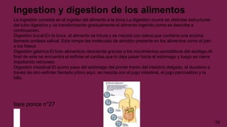 Ingestion y digestion de los alimentos
La ingestión consiste en el ingreso del alimento a la boca.La digestion ocurre en distintas estructuras
del tubo digestivo y va transformando gradualmente el alimento ingerido,como se describe a
continuacion.
Digestión bucal:En la boca, el alimento se tritura y se mezcla con saliva,que contiene una enzima
llamada amilasa salival. Esta rompe las moléculas de almidón presente en los alimentos como el pan
o los fideos
Digestión gástrica:El bolo alimenticio desciende gracias a los movimientos peristálticos del esofago.Al
final de este se encuentra el esfinter,el cardias,que lo deja pasar hacia el estomago y luego se cierra
impidiendo retroceso
Digestión intestinal:El quimo pasa del estómago del primer tramo del intestino delgado, el duodeno a
través de otro esfínter llamado píloro aquí, se mezcla con el jugo intestinal, el jugo pancreático y la
bilis.
tiare ponce n°27
19
 