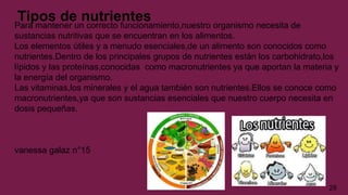 Tipos de nutrientes
Para mantener un correcto funcionamiento,nuestro organismo necesita de
sustancias nutritivas que se encuentran en los alimentos.
Los elementos útiles y a menudo esenciales,de un alimento son conocidos como
nutrientes.Dentro de los principales grupos de nutrientes están los carbohidrato,los
lípidos y las proteínas,conocidas como macronutrientes ya que aportan la materia y
la energía del organismo.
Las vitaminas,los minerales y el agua también son nutrientes.Ellos se conoce como
macronutrientes,ya que son sustancias esenciales que nuestro cuerpo necesita en
dosis pequeñas.
vanessa galaz n°15
28
 