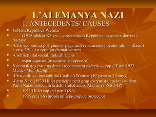 L’ALEMANYA NAZI
         1. ANTECEDENTS/ CAUSES
   Feblesa República Weimar
         (1918-abdica Kàiser----proclamació República: assumeix derrota i
    tractats)
   -Crisi econòmica postguerra+ pagament reparacions i deutes (atur+inflació)
    + crisi 29----va agreujar dramàticament
   -Conflictivitat social: radicalització
         espartaquistes (aixecament- repressió)
   Nacionalistes extrema dreta i recolzament exèrcit---- cop d’Estat 1923
    Munic- Mein Kampf
   -Crisi política: inestabilitat Coalició Weimar (19 governs 13 anys)
   -Partit Nazi (1920 Hitler participa petit grup extremista, racistai violent:
    Partit Nacionalsocialista dels Treballadors Alemanys: NSDAP)
         1921 Hitler cap del partit (SA)
         1925 crea SS (pròpia milícia-grup de protecció)
 