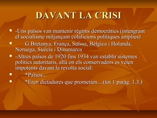 DAVANT LA CRISI
   -Uns països van mantenir règims democràtics (intengrant
    el socialisme mitjançant colalicions polítiques àmplies)
        G.Bretanya, França, Suïssa, Bèlgica i Holanda,
    Noruega, Suècia i Dinamarca
   -Altres països de 1920 fins 1934 van establir sistemes
    polítics autoritaris, allà on els conservadors es veien
    impotents davant la revolta social:
        *Països:..
        *Eren dictadures que prometien....(tot 1 paràg. 1.3.)
 