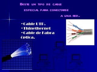 Existe un tipo de cable especial para conectarse a una red.. Cable UTP. Thinethernet Cable de Fabra  óptica. 