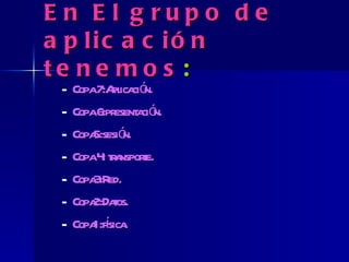 En El grupo de aplicación tenemos : Copa 7:Aplicación. Copa 6:presentación. Copa5:sesión. Copa 4: transporte. Copa3:Red. Copa2:Datos. Copa1:física. 