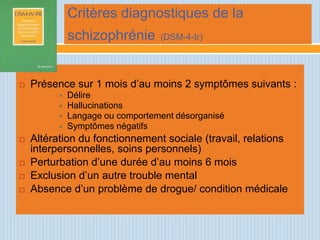 Critères diagnostiques de la
              schizophrénie       (DSM-4-tr)




   Présence sur 1 mois d’au moins 2 symptômes suivants :
             Délire
             Hallucinations
             Langage ou comportement désorganisé
             Symptômes négatifs
   Altération du fonctionnement sociale (travail, relations
    interpersonnelles, soins personnels)
   Perturbation d’une durée d’au moins 6 mois
   Exclusion d’un autre trouble mental
   Absence d’un problème de drogue/ condition médicale
 