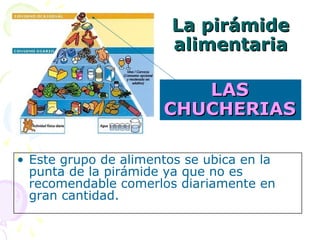 La pirámide
                       alimentaria

                         LAS
                      CHUCHERIAS

• Este grupo de alimentos se ubica en la
  punta de la pirámide ya que no es
  recomendable comerlos diariamente en
  gran cantidad.
 