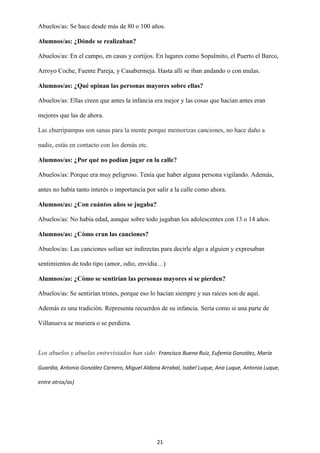 21
Abuelos/as: Se hace desde más de 80 o 100 años.
Alumnos/as: ¿Dónde se realizaban?
Abuelos/as: En el campo, en casas y cortijos. En lugares como Sopalmito, el Puerto el Barco,
Arroyo Coche, Fuente Pareja, y Casabermeja. Hasta allí se iban andando o con mulas.
Alumnos/as: ¿Qué opinan las personas mayores sobre ellas?
Abuelos/as: Ellas creen que antes la infancia era mejor y las cosas que hacían antes eran
mejores que las de ahora.
Las churripampas son sanas para la mente porque memorizas canciones, no hace daño a
nadie, estás en contacto con los demás etc.
Alumnos/as: ¿Por qué no podían jugar en la calle?
Abuelos/as: Porque era muy peligroso. Tenía que haber alguna persona vigilando. Además,
antes no había tanto interés o importancia por salir a la calle como ahora.
Alumnos/as: ¿Con cuántos años se jugaba?
Abuelos/as: No había edad, aunque sobre todo jugaban los adolescentes con 13 o 14 años.
Alumnos/as: ¿Cómo eran las canciones?
Abuelos/as: Las canciones solían ser indirectas para decirle algo a alguien y expresaban
sentimientos de todo tipo (amor, odio, envidia…)
Alumnos/as: ¿Cómo se sentirían las personas mayores si se pierden?
Abuelos/as: Se sentirían tristes, porque eso lo hacían siempre y sus raíces son de aquí.
Además es una tradición. Representa recuerdos de su infancia. Sería como si una parte de
Villanueva se muriera o se perdiera.
Los abuelos y abuelas entrevistados han sido: Francisco Bueno Ruiz, Eufemia González, María
Guardia, Antonio González Carnero, Miguel Aldana Arrabal, Isabel Luque, Ana Luque, Antonia Luque,
entre otros/as)
 