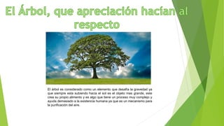El árbol es considerado como un elemento que desafía la gravedad ya
que siempre esta subiendo hacia el sol es el objeto mas grande, este
crea su propio alimento y es algo que tiene un proceso muy complejo y
ayuda demasiado a la existencia humana ya que es un mecanismo para
la purificación del aire.
 