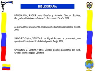 BENEJA Pilar, PAGÉS Joan, Enseñar y Aprender Ciencias Sociales, Geografía e Historia en la Educación Secundaria, España 2002 ANDA Gutiérrez Cuauhtémoc, Introducción a las Ciencias Sociales, Mexico, 2005 SANCHEZ Cristina, VENEGAS Luis Miguel, Proceso de pensamiento, una aproximación al desarrollo de la inteligencia, Tunja, 2000   CARDENAS C. Carolina, y otros. Ciencias Sociales Bachillerato por radio, Grado Séptimo, Bogotá, Colombia    BIBLIOGRAFIA 
