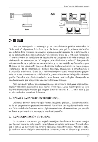 Las Ciencias Sociales en Internet
37
2.- EN CLASE
Una vez conseguida la tecnolog’a y los conocimientos previos necesarios de
Òinform‡ticaÓ, el profesor debe dejar de ser la fuente principal de informaci—n hist—ri-
ca, su labor debe centrarse en apoyar al alumno en esta bœsqueda de la informaci—n y
en su tratamiento. En otras palabras, hay que integrar el uso de la red en el curriculum.
Y como sabemos el curriculum de Secundaria de Geograf’a e Historia establece una
divisi—n de los contenidos en ÒConceptos, procedimientos y valoresÓ. Los procedi-
mientos son la parte pr‡ctica de una disciplina y en este sentido, en Secundaria para
Historia, se han distribuido los procedimientos fundamentalmente en cuatro grupos:
Tratamiento de la informaci—n, Tiempo hist—rico, Indagaci—n e investigaci—n y
Explicaci—n multicausal. El uso de la red debe integrarse como procedimiento que per-
mite un nuevo tratamiento de la informaci—n, y nuevas formas de indagaci—n e investi-
gaci—n. Es en los procedimientos donde entran las nuevas tecnolog’as: el ordenador es
una herramienta que nos permite una nueva forma de trabajar.
Pero para poder aplicar estos procedimientos es necesario establecer unas metodo-
log’as y materiales adecuados a estas nuevas tecnolog’as. Desde nuestro punto de vista
hay tres metodolog’as b‡sicas que integran el uso de las NN. TT. II. en el aula, y que
requieren dise–ar materiales diferentes:
1.- APOYO A LA EXPOSICIîN TRADICIONAL
Utilizando Internet para conseguir mapas, im‡genes, gr‡ficas... Es un buen sustitu-
to de los programas de presentaci—n como el PowerPoint que requieren de m‡s recur-
sos. Se tratar‡ de dise–ar una o varias p‡ginas con enlaces a los contenidos que ya est‡n
en la red y que nos sirven para apoyar nuestra exposici—n.
2.- LA PROGRAMACIîN DE TAREAS
La experiencia nos nuestra que no podemos dejar a los alumnos libremente navegar
por Internet buscando informaci—n para elaborar un trabajo tradicional. Tender‡ a bus-
car el trabajo ya elaborado o se perder‡ en p‡ginas m‡s interesantes. Por ello el traba-
jo mediante tareas dirigidas con objetivos concretos y con un itinerario ya marcado
Aula
Teléfono
Router
Estación de trabajo Estación de trabajo
Estación de trabajo Estación de trabajo
Compatible con IBM
Impresora láser IBM
Escáner
 
