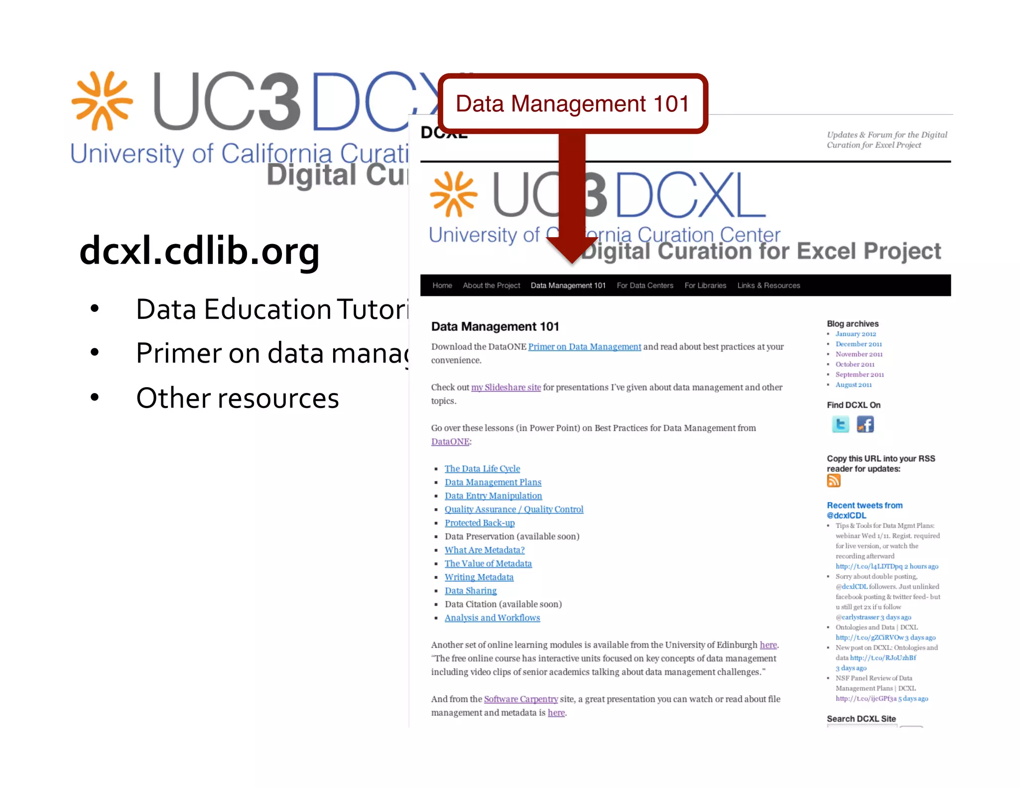 Data Management 101"




dcxl.cdlib.org	
  
•    Data	
  Education	
  Tutorials	
  
•    Primer	
  on	
  data	
  management	
  
•    Other	
  resources	
  
 