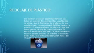 RECICLAJE DE PLÁSTICO:
Los plásticos juegan un papel importante en casi
todos los aspectos de nuestras vidas. Los plásticos
se utilizan para la fabricación de productos de uso
cotidiano, tales como envases de bebidas, juguetes y
muebles. El uso generalizado de plásticos exige una
buena gestión de vida del producto hasta su fin.
Plásticos representan más del 12 % de la cantidad de
residuos sólidos urbanos, un aumento espectacular
desde 1960, cuando los plásticos fueron menos del
1% del flujo de residuos.
 
