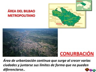 ÁREA DEL BILBAO
  METROPOLITANO




                                    CONURBACIÓN
Área de urbanización continua que surge al crecer varias
ciudades y juntarse sus límites de forma que no pueden
diferenciarse..
 