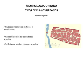 MORFOLOGIA URBANA
                         TIPOS DE PLANOS URBANOS
                                      Plano Irregular




• Ciudades medievales cristianas y
musulmanas


• Cascos históricos de las ciudades
actuales.

•Periferias de muchas ciudades actuales
 