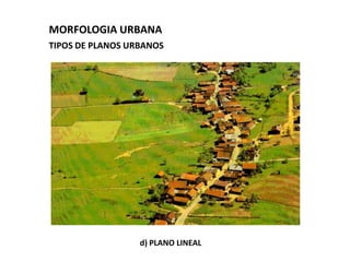 MORFOLOGIA URBANA
TIPOS DE PLANOS URBANOS




                  d) PLANO LINEAL
 