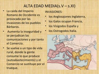 ALTA EDAD MEDIA(s.V – s.XI)
• La caida del Imperio         INVASIONES:
  Romano de Occidente es       • los Anglosajones Inglaterra,
  provocada por las
                               • los Galos ocupan Francia,
  invasiones de los pueblos
  Bárbaros.                    • los Visigodos España y
• Aumenta la inseguridad y • los Ostrogodos Italia.
  se perjudican las
  comunicaciones y por tanto
  el Comercio.
• Se vuelve a un tipo de vida
  rural, donde la gente
  consume lo que produce
  (autoabastecimiento) y el
  Comercio se sustituye por el
  trueque.
 