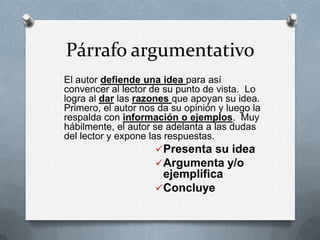 Párrafo argumentativo
El autor defiende una idea para así
convencer al lector de su punto de vista. Lo
logra al dar las razones que apoyan su idea.
Primero, el autor nos da su opinión y luego la
respalda con información o ejemplos. Muy
hábilmente, el autor se adelanta a las dudas
del lector y expone las respuestas.
Presenta su idea
Argumenta y/o
ejemplifica
Concluye
 