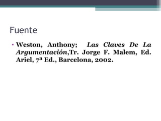 Fuente
• Weston, Anthony; Las Claves De La
Argumentación,Tr. Jorge F. Malem, Ed.
Ariel, 7ª Ed., Barcelona, 2002.
 