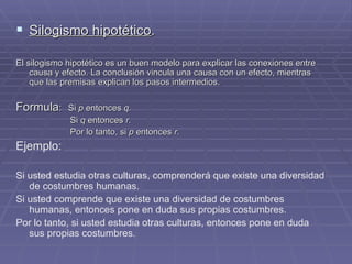 Silogismo hipotético . El silogismo hipotético es un buen modelo para explicar las conexiones entre causa y efecto. La conclusión vincula una causa con un efecto, mientras que las premisas explican los pasos intermedios.  Formula :   Si  p  entonces  q. Si  q  entonces  r.  Por lo tanto, si  p  entonces  r. Ejemplo: Si usted estudia otras culturas, comprenderá que existe una diversidad de costumbres humanas. Si usted comprende que existe una diversidad de costumbres humanas, entonces pone en duda sus propias costumbres. Por lo tanto, si usted estudia otras culturas, entonces pone en duda sus propias costumbres.  