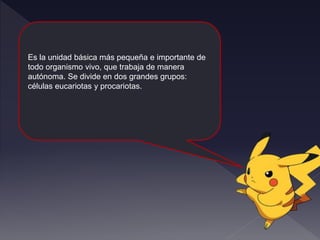 
Es la unidad básica más pequeña e importante de
todo organismo vivo, que trabaja de manera
autónoma. Se divide en dos grandes grupos:
células eucariotas y procariotas.
