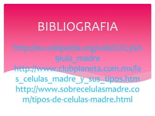BIBLIOGRAFIA
http://es.wikipedia.org/wiki/C%C3%A
            9lula_madre
http://www.clubplaneta.com.mx/la
s_celulas_madre_y_sus_tipos.htm
http://www.sobrecelulasmadre.co
  m/tipos-de-celulas-madre.html
 