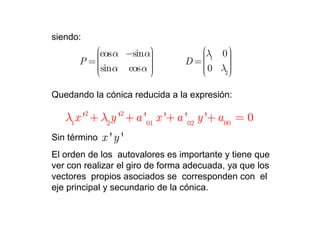 siendo:
         cos α −sin α
                                   λ 0 
                                         
                                      
      P =
         sin α cos α           D = 1
                                    0 λ 
                      
                                        
         
                                  
                                       2
                                         

Quedando la cónica reducida a la expresión:

   λ1x '2 + λ2y '2 + a '01 x '+ a '02 y '+ a00 = 0
Sin término   x 'y '
El orden de los autovalores es importante y tiene que
ver con realizar el giro de forma adecuada, ya que los
vectores propios asociados se corresponden con el
eje principal y secundario de la cónica.
 