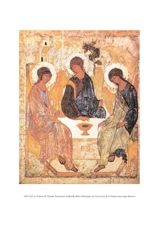 1401 1425 La Trinité de l'Ancien Testament Andrëi Roubliov Détrempe sur bois Lavra de la Trinité saint serge Moscou
 