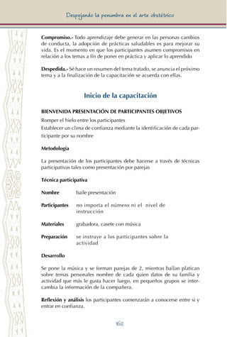 162
Despejando la penumbra en el arte obstétrico
Compromiso.- Todo aprendizaje debe generar en las personas cambios
de conducta, la adopción de prácticas saludables es para mejorar su
vida. Es el momento en que los participantes asumen compromisos en
relación a los temas a fín de poner en práctica y aplicar lo aprendido
Despedida.- Sé hace un resumen del tema tratado, se anuncia el próximo
tema y a la finalización de la capacitación se acuerda con ellas.
Inicio de la capacitación
BIENVENIDA PRESENTACIÓN DE PARTICIPANTES OBJETIVOS
Romper el hielo entre los participantes
Establecer un clima de confianza mediante la identificación de cada par-
ticipante por su nombre
Metodología
La presentación de los participantes debe hacerse a través de técnicas
participativas tales como presentación por parejas
Técnica participativa
Nombre	 baile presentación
Participantes	 no importa el número ni el nivel de 			
		 instrucción
Materiales	 grabadora, casete con música
Preparación	 se instruye a los participantes sobre la 			
		 actividad
Desarrollo
Se pone la música y se forman parejas de 2, mientras bailan platican
sobre temas personales nombre de cada quien datos de su familia y
actividad que más le gusta hacer luego, en pequeños grupos se inter-
cambia la información de la compañera.
Reflexión y análisis los participantes comenzarán a conocerse entre si y
entrar en confianza.
 