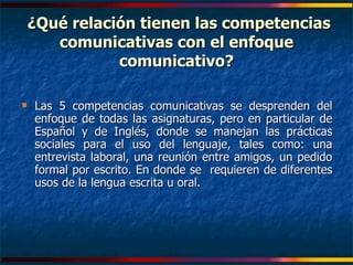 ¿Qué relación tienen las competencias comunicativas con el enfoque comunicativo? Las 5 competencias comunicativas se desprenden del enfoque de todas las asignaturas, pero en particular de Español y de Inglés, donde se manejan las prácticas sociales para el uso del lenguaje, tales como: una entrevista laboral, una reunión entre amigos, un pedido formal por escrito. En donde se  requieren de diferentes usos de la lengua escrita u oral.  