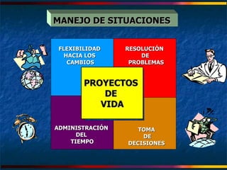 MANEJO DE SITUACIONES ADMINISTRACIÓN  DEL  TIEMPO PROYECTOS  DE  VIDA TOMA  DE DECISIONES  FLEXIBILIDAD  HACIA LOS  CAMBIOS RESOLUCIÓN  DE PROBLEMAS 
