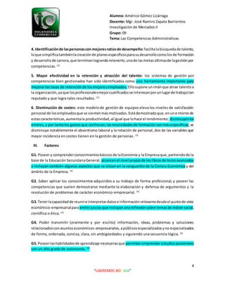 Alumno: Américo Gómez Lizárraga
Docente: Mgr. José Ramiro Zapata Barrientos
Investigación de Mercados II
Grupo: 09
Tema: Las Competencias Administrativas
4
“LIBEREMOS BOLIVIA”
4. Identificaciónde laspersonascon mejoresratiosde desempeño: facilitalabúsquedade talento,
loque simplificatambiénlacreaciónde planesespecíficosparasudesarrollocomolosde formación
y desarrollode carrera,que terminenlograndoretenerlo;unade lasmetasúltimasde lagestiónpor
competencias. (3)
5. Mayor efectividad en la retención y atracción del talento: los sistemas de gestión por
competencias bien gestionados han sido identificados como una herramienta importante para
mejorarlas tasas de retenciónde losmejoresempleados. Ellosupone unimánque atrae talentoa
la organización,yaque losprofesionalesmejorcualificadosse interesanporunlugarde trabajotan
reputado y que logra tales resultados. (3)
6. Disminución de costes: este modelo de gestión de equipos eleva los niveles de satisfacción
personal de losempleadosque se sientenmásmotivados.Estádemostradoque,enunentornode
estascaracterísticas,aumentala productividad,al igual que lohace el rendimiento; disminuyenlos
errores,y por tantolos gastosque conllevan;lasnecesidadesde formaciónsonmásespecíficas;se
disminuye notablemente el absentismo laboral y la rotación de personal, dos de las variables que
mayor incidencia en costes tienen en la gestión de personas. (3)
III. Factores
G1. Poseery comprenderconocimientosbásicosde laEconomía y la Empresaque,partiendode la
base de la Educación SecundariaGeneral, alcancenel nivel propiode loslibrosde textoavanzados
e incluyan también algunos aspectos que se sitúan en la vanguardia de la Ciencia Económica y del
ámbito de la Empresa. (4)
G2. Saber aplicar los conocimientos adquiridos a su trabajo de forma profesional, y poseer las
competencias que suelen demostrarse mediante la elaboración y defensa de argumentos y la
resolución de problemas de carácter económico-empresarial. (4)
G3. Tenerlacapacidadde reunire interpretardatose informaciónrelevantedesdeel puntode vista
económico-empresarialparaemitirjuiciosque incluyanunareflexiónsobre temasde índole social,
científica o ética. (4)
G4. Poder transmitir (oralmente y por escrito) información, ideas, problemas y soluciones
relacionadosconasuntoseconómicos-empresariales,apúblicosespecializadosyno especializados
de forma, ordenada, concisa, clara, sin ambigüedades y siguiendo una secuencia lógica. (4)
G5. Poseerlashabilidadesde aprendizaje necesariasque permitanemprenderestudiosposteriores
con un alto grado de autonomía. (4)
 
