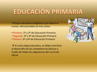 EDUCACIÓN PRIMARIAEtapa educativa obligatoria que abarca 6 cursos  estructurados en tres ciclos: