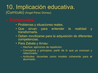 10. Implicación educativa. (Currículo)  (Ángel Pérez Gómez) Contenidos: Problemas y situaciones reales. Que sirvan para entender la realidad y transformarla. Deben movilizarse para la adquisición de diferentes competencias. Para Zabala y Arnau: Hechos: ejercicios de repetición. Conceptos y principios: partir de lo que ya conocen y relacionarlo. Actitudes: docentes como modelo coherente para el alumnado. 