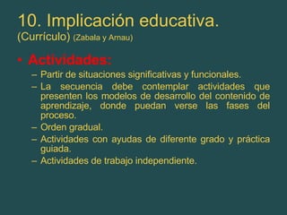 10. Implicación educativa. (Currículo)  (Zabala y Arnau) Actividades:   Partir de situaciones significativas y funcionales. La secuencia debe contemplar actividades que presenten los modelos de desarrollo del contenido de aprendizaje, donde puedan verse las fases del proceso. Orden gradual. Actividades con ayudas de diferente grado y práctica guiada. Actividades de trabajo independiente. 