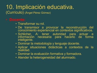 10. Implicación educativa. (Currículo)  (Ángel Pérez Gómez) Docente: Transformar su rol. De transmisor a provocar la reconstrucción del conocimiento experiencial en contextos significativos. Schlicher, A: tener autoridad para actuar e información necesaria para hacerlo de forma inteligente. Dominar la metodología y lenguaje docente. Aplicar situaciones didácticas a contextos de la realidad. Dominar la evaluación formativa y formadora. Atender la heterogeneidad del alumnado. 