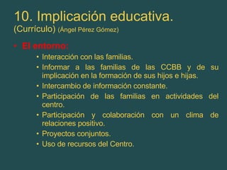 10. Implicación educativa. (Currículo)  (Ángel Pérez Gómez) El entorno: Interacción con las familias. Informar a las familias de las CCBB y de su implicación en la formación de sus hijos e hijas. Intercambio de información constante. Participación de las familias en actividades del centro. Participación y colaboración con un clima de relaciones positivo. Proyectos conjuntos. Uso de recursos del Centro. 