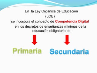 En la Ley Orgánica de Educación 
(LOE) 
se incorpora el concepto de Competencia Digital 
en los decretos de enseñanzas mínimas de la 
educación obligatoria de: 
 