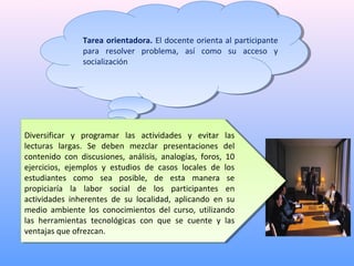 Tarea orientadora. El docente orienta al participante
para resolver problema, así como su acceso y
socialización
Diversificar y programar las actividades y evitar las
lecturas largas. Se deben mezclar presentaciones del
contenido con discusiones, análisis, analogías, foros, 10
ejercicios, ejemplos y estudios de casos locales de los
estudiantes como sea posible, de esta manera se
propiciaría la labor social de los participantes en
actividades inherentes de su localidad, aplicando en su
medio ambiente los conocimientos del curso, utilizando
las herramientas tecnológicas con que se cuente y las
ventajas que ofrezcan.
 