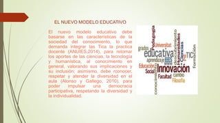 EL NUEVO MODELO EDUCATIVO
El nuevo modelo educativo debe
basarse en las características de la
sociedad del conocimiento, lo que
demanda integrar las Tica la practica
docente (ANUIES,2014), para retomar
los aportes de las ciencias, la tecnología
y humanística, al conocimiento en
general, valorando sus implicaciones y
su inclusión; asimismo, debe rconocer,
respetar y atender la diversidad en el
aula (Alonso y Gallego, 2010), para
poder impulsar una democracia
participativa, respetando la diversidad y
la individualidad.
 