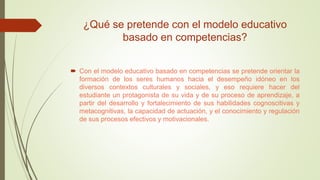 ¿Qué se pretende con el modelo educativo
basado en competencias?
 Con el modelo educativo basado en competencias se pretende orientar la
formación de los seres humanos hacia el desempeño idóneo en los
diversos contextos culturales y sociales, y eso requiere hacer del
estudiante un protagonista de su vida y de su proceso de aprendizaje, a
partir del desarrollo y fortalecimiento de sus habilidades cognoscitivas y
metacognitivas, la capacidad de actuación, y el conocimiento y regulación
de sus procesos efectivos y motivacionales.
 