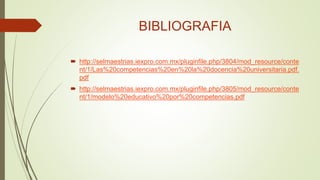 BIBLIOGRAFIA
 http://selmaestrias.iexpro.com.mx/pluginfile.php/3804/mod_resource/conte
nt/1/Las%20competencias%20en%20la%20docencia%20universitaria.pdf.
pdf
 http://selmaestrias.iexpro.com.mx/pluginfile.php/3805/mod_resource/conte
nt/1/modelo%20educativo%20por%20competencias.pdf
 
