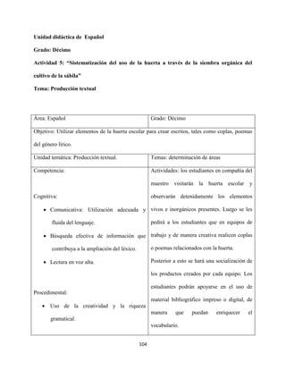104
Unidad didáctica de Español
Grado: Décimo
Actividad 5: “Sistematización del uso de la huerta a través de la siembra orgánica del
cultivo de la sábila”
Tema: Producción textual
Área: Español Grado: Décimo
Objetivo: Utilizar elementos de la huerta escolar para crear escritos, tales como coplas, poemas
del género lírico.
Unidad temática: Producción textual. Temas: determinación de áreas
Competencia:
Cognitiva:
 Comunicativa: Utilización adecuada y
fluida del lenguaje.
 Búsqueda efectiva de información que
contribuya a la ampliación del léxico.
 Lectura en voz alta.
Procedimental:
 Uso de la creatividad y la riqueza
gramatical.
Actividades: los estudiantes en compañía del
maestro visitarán la huerta escolar y
observarán detenidamente los elementos
vivos e inorgánicos presentes. Luego se les
pedirá a los estudiantes que en equipos de
trabajo y de manera creativa realicen coplas
o poemas relacionados con la huerta.
Posterior a esto se hará una socialización de
los productos creados por cada equipo. Los
estudiantes podrán apoyarse en el uso de
material bibliográfico impreso o digital, de
manera que puedan enriquecer el
vocabulario.
 