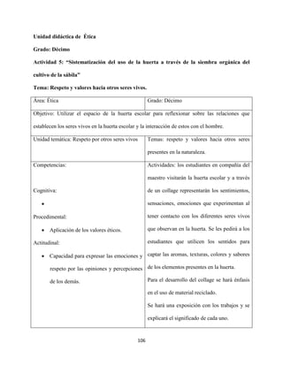 106
Unidad didáctica de Ética
Grado: Décimo
Actividad 5: “Sistematización del uso de la huerta a través de la siembra orgánica del
cultivo de la sábila”
Tema: Respeto y valores hacia otros seres vivos.
Área: Ética Grado: Décimo
Objetivo: Utilizar el espacio de la huerta escolar para reflexionar sobre las relaciones que
establecen los seres vivos en la huerta escolar y la interacción de estos con el hombre.
Unidad temática: Respeto por otros seres vivos Temas: respeto y valores hacia otros seres
presentes en la naturaleza.
Competencias:
Cognitiva:

Procedimental:
 Aplicación de los valores éticos.
Actitudinal:
 Capacidad para expresar las emociones y
respeto por las opiniones y percepciones
de los demás.
Actividades: los estudiantes en compañía del
maestro visitarán la huerta escolar y a través
de un collage representarán los sentimientos,
sensaciones, emociones que experimentan al
tener contacto con los diferentes seres vivos
que observan en la huerta. Se les pedirá a los
estudiantes que utilicen los sentidos para
captar las aromas, texturas, colores y sabores
de los elementos presentes en la huerta.
Para el desarrollo del collage se hará énfasis
en el uso de material reciclado.
Se hará una exposición con los trabajos y se
explicará el significado de cada uno.
 