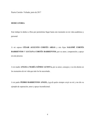 4
Puerto Carreño- Vichada, junio de 2017
DEDICATORIA
Este trabajo lo dedico a Dios por permitirme llegar hasta este momento en mi vida académica y
personal.
A mi esposo CÉSAR AUGUSTO CORTÉS ARIAS y mis hijas SALOMÉ CORTÉS
BARRIENTOS Y LUCIANA CORTÉS BARRIENTOS, por su amor, comprensión y apoyo
en este proceso.
A mi madre ANGELA MARÍA GÓMEZ ACOSTA, por su amor, consejos y voz de aliento en
los momentos de mi vida que más los he necesitado.
A mi padre PEDRO BARRIENTOS ANGEL, (q.p.d) quién siempre creyó en mí y me dio su
ejemplo de superación, amor y apoyo incondicional.
 
