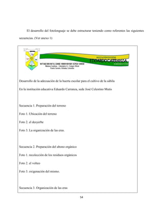 54
El desarrollo del fotolenguaje se debe estructurar teniendo como referentes las siguientes
secuencias. (Ver anexo 1)
Desarrollo de la adecuación de la huerta escolar para el cultivo de la sábila
En la institución educativa Eduardo Carranza, sede José Celestino Mutis
Secuencia 1. Preparación del terreno
Foto 1. Ubicación del terreno
Foto 2. el desyerbe
Foto 3. La organización de las eras.
Secuencia 2. Preparación del abono orgánico
Foto 1. recolección de los residuos orgánicos
Foto 2. el volteo
Foto 3. oxigenación del mismo.
Secuencia 3. Organización de las eras
 