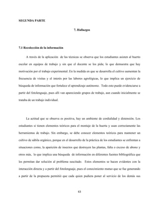 63
SEGUNDA PARTE
7. Hallazgos
7.1 Recolección de la información
A través de la aplicación de las técnicas se observa que los estudiantes asisten al huerto
escolar en equipos de trabajo y sin que el docente se los pida; lo que demuestra que hay
motivación por el trabajo experimental. En la medida en que se desarrolla el cultivo aumentan la
frecuencia de visitas y el interés por las labores agrológicas, lo que implica un ejercicio de
búsqueda de información que fortalece el aprendizaje autónomo. Todo esto puede evidenciarse a
partir del fotolenguaje, pues allí van apareciendo grupos de trabajo, aun cuando inicialmente se
trataba de un trabajo individual.
La actitud que se observa es positiva, hay un ambiente de cordialidad y distensión. Los
estudiantes si tienen elementos teóricos para el montaje de la huerta y usan correctamente las
herramientas de trabajo. Sin embargo, se debe conocer elementos teóricos para mantener un
cultivo de sábila orgánico, porque en el desarrollo de la práctica de los estudiantes se enfrentan a
situaciones como, la aparición de insectos que destruyen las plantas, falta o exceso de abono y
otros más, lo que implica una búsqueda de información en diferentes fuentes bibliográfica que
les permitan dar solución al problema suscitado. Estos elementos se hacen evidentes con la
interacción directa y a partir del fotolenguaje, pues el conocimiento mutuo que se fue generando
a partir de la propuesta permitió que cada quien pudiera poner al servicio de los demás sus
 