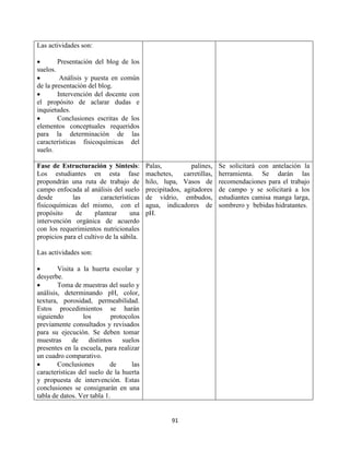 91
Las actividades son:
 Presentación del blog de los
suelos.
 Análisis y puesta en común
de la presentación del blog.
 Intervención del docente con
el propósito de aclarar dudas e
inquietudes.
 Conclusiones escritas de los
elementos conceptuales requeridos
para la determinación de las
características fisicoquímicas del
suelo.
Fase de Estructuración y Síntesis:
Los estudiantes en esta fase
propondrán una ruta de trabajo de
campo enfocada al análisis del suelo
desde las características
fisicoquímicas del mismo, con el
propósito de plantear una
intervención orgánica de acuerdo
con los requerimientos nutricionales
propicios para el cultivo de la sábila.
Las actividades son:
 Visita a la huerta escolar y
desyerbe.
 Toma de muestras del suelo y
análisis, determinando pH, color,
textura, porosidad, permeabilidad.
Estos procedimientos se harán
siguiendo los protocolos
previamente consultados y revisados
para su ejecución. Se deben tomar
muestras de distintos suelos
presentes en la escuela, para realizar
un cuadro comparativo.
 Conclusiones de las
características del suelo de la huerta
y propuesta de intervención. Estas
conclusiones se consignarán en una
tabla de datos. Ver tabla 1.
Palas, palines,
machetes, carretillas,
hilo, lupa, Vasos de
precipitados, agitadores
de vidrio, embudos,
agua, indicadores de
pH.
Se solicitará con antelación la
herramienta. Se darán las
recomendaciones para el trabajo
de campo y se solicitará a los
estudiantes camisa manga larga,
sombrero y bebidas hidratantes.
 